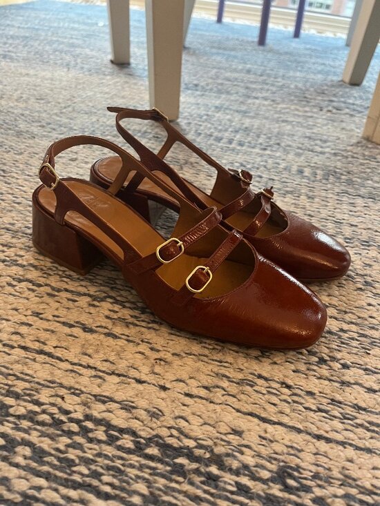 Sezane Shoes - Sezane Paula Babies Slingback Buckle Heels in Patent Camel